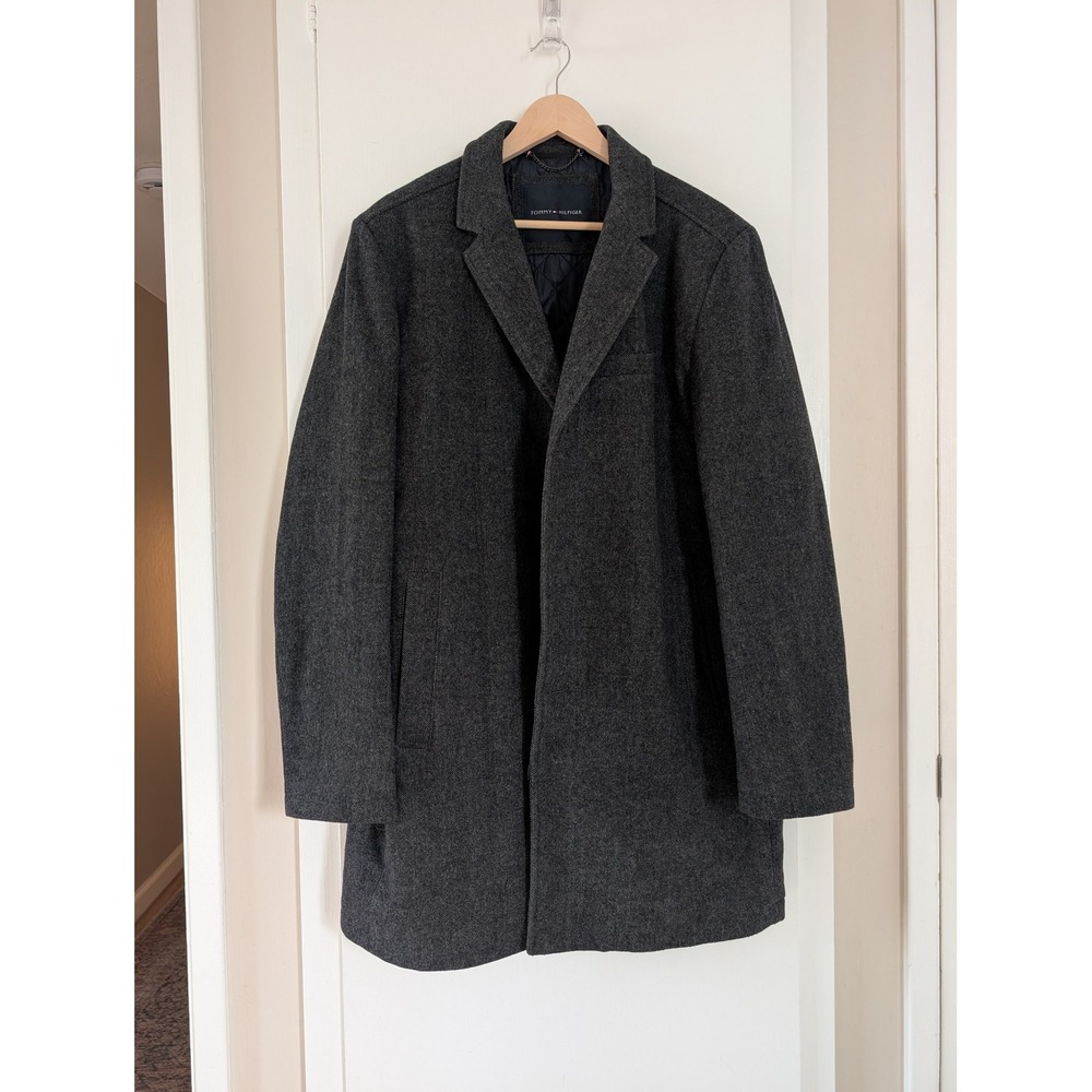 Tommy Hilfiger Mens Wool Blend Herringbone Overcoat Charcoal Grey Car Coat L
